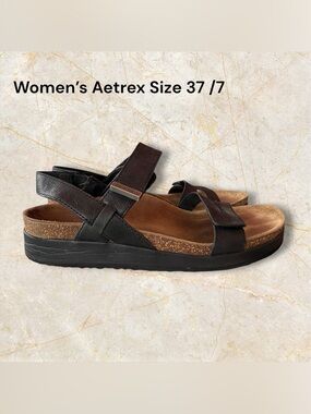 🖤Aetrex Bethany Leather Black Quarter Strap Sandals Women's 7